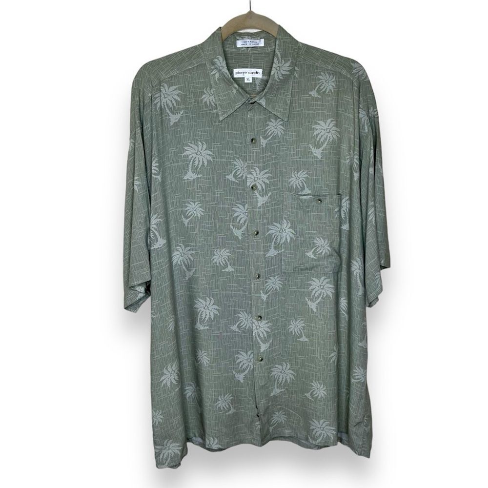 Pierre Cardin Palm Tree Rayon Short Sleeve Button Front Gray Green Shirt Men XL